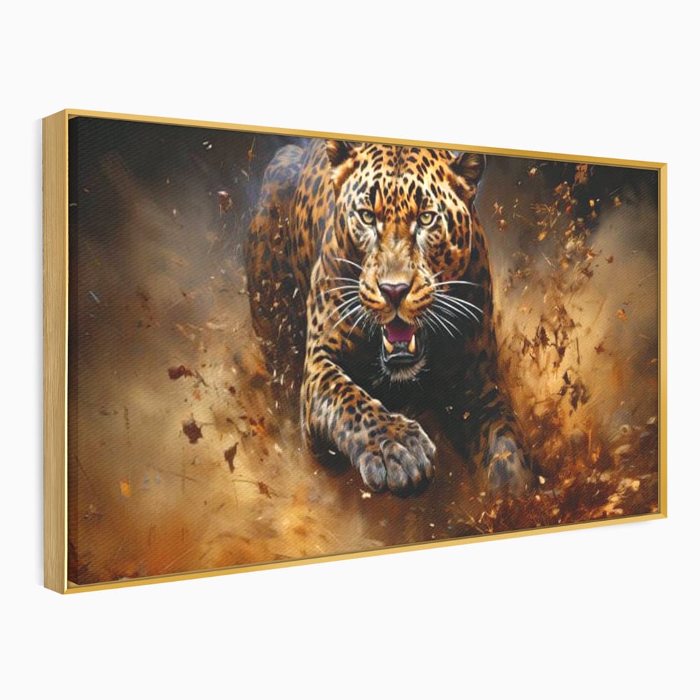 Tablou canvas cu tablou canvas cu leopard in alergare, in rama de aluminiu auriu